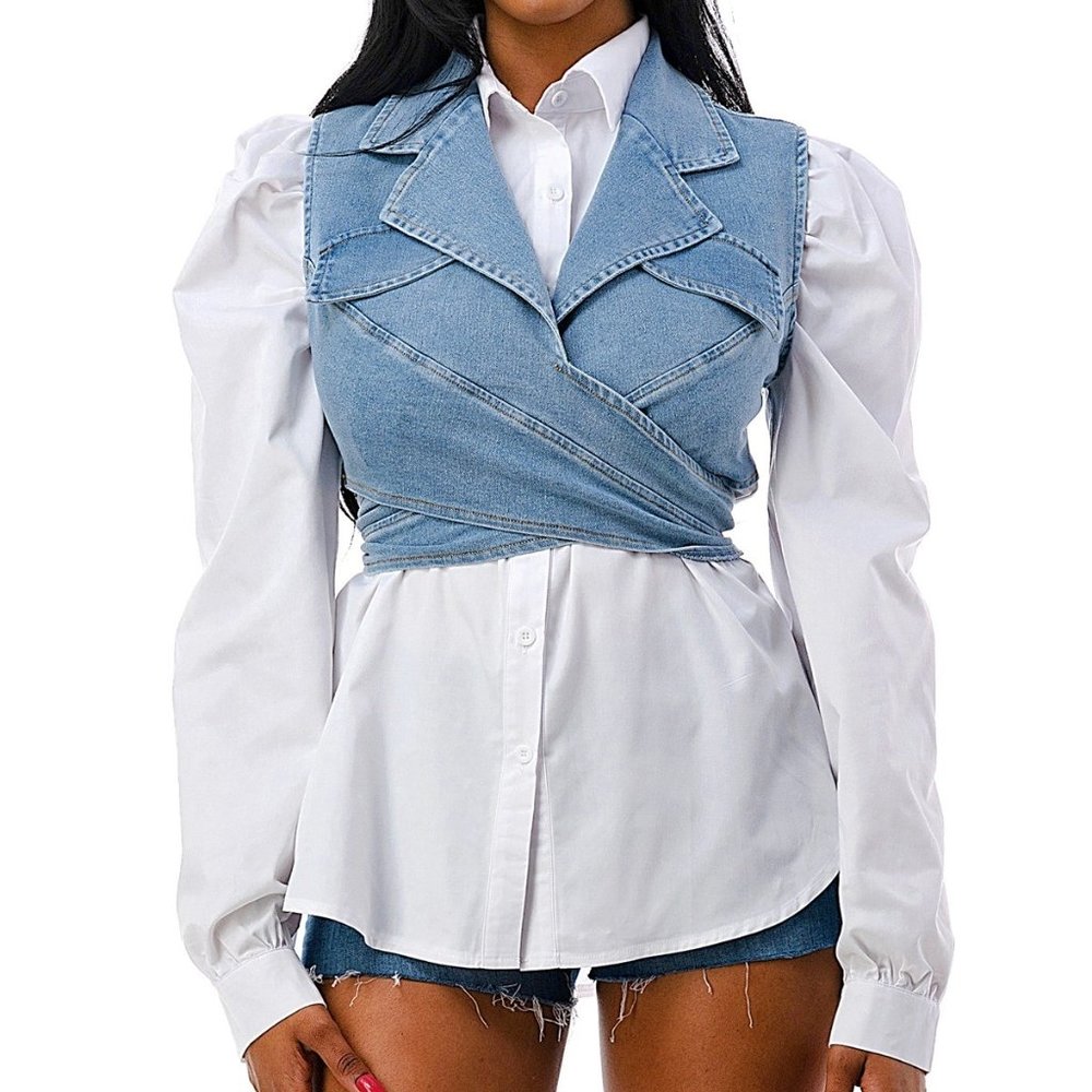 Puff Shoulder Blouse w/ Wrap Denim Crop Top  Set